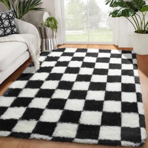 KICMOR Black and White Rug for Bedroom Living Room, 4x6 Fluffy Checkered Shag Area Rug Fuzzy Carpet, Soft Shaggy Plush Checkerboard Rugs for Teen Boys Dorm Home Decor Aesthetic,...