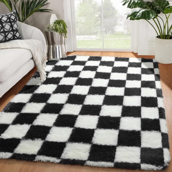 KICMOR Black and White Rug for Bedroom Living Room, 4x6 Fluffy Checkered Shag Area Rug Fuzzy Carpet, Soft Shaggy Plush Checkerboard Rugs for Teen Boys Dorm Home Decor Aesthetic,...