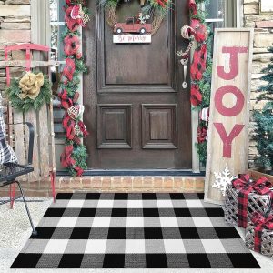 KILOCOCO Buffalo Plaid Checkered Rug - Door Mat Outdoor, Black and White Outdoor, Cotton Washable Front Door Rug Layered Doormats for Front Porch/Farmhouse/Entryway, 27.5x43 Inches