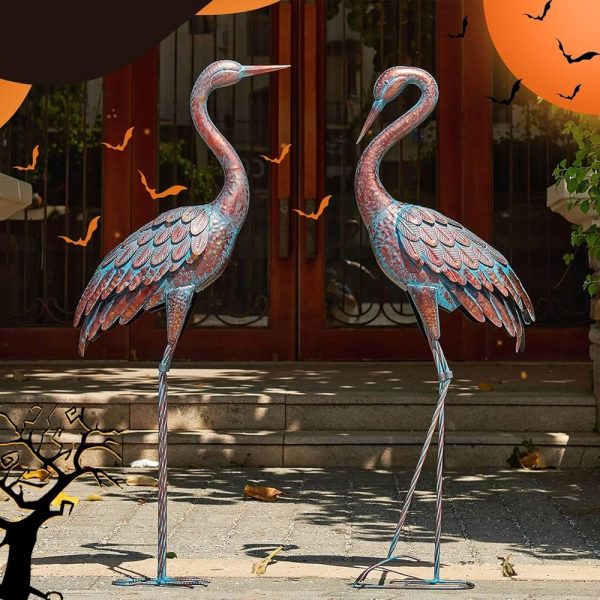 Kircust Garden Crane Statues Patina Heron Decoy, Standing Metal Crane Sculptures Bird Yard Art for Outdoor Decor, Set of 2