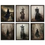 LANCHI95 6 Pcs 8x10in Vintage Rustic Witch Posters Halloween Wall Art Witch in The Forest Painting Prints Goth Dark Moody Wall Decor for Living Room Bedroom 8x10 in (UNFRAMED)