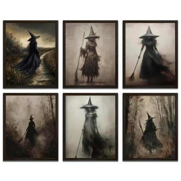 LANCHI95 6 Pcs 8x10in Vintage Rustic Witch Posters Halloween Wall Art Witch in The Forest Painting Prints Goth Dark Moody Wall Decor for Living Room Bedroom 8x10 in (UNFRAMED)