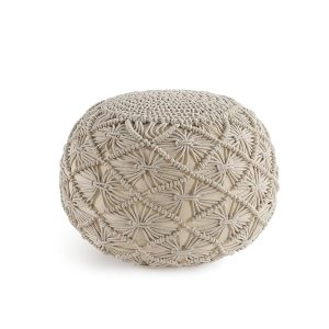 LANE LINEN Macrame Ottoman Pouf - Hand Knitted Large Foot Rest for Couch, 100% Cotton Cord, Living Room Floor Ottoman - 20 Diameter x 14 Height - Pure Natural