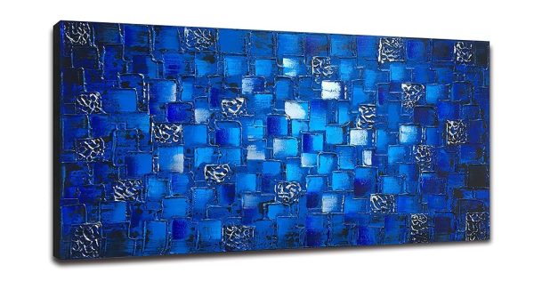 Large Hand Painted Dark Blue add Silver Square Modern Oil Painting on Canvas Thick Textured Abstract 3D Wall Art Picture Decor for Home Ready to Hang 60x30inch