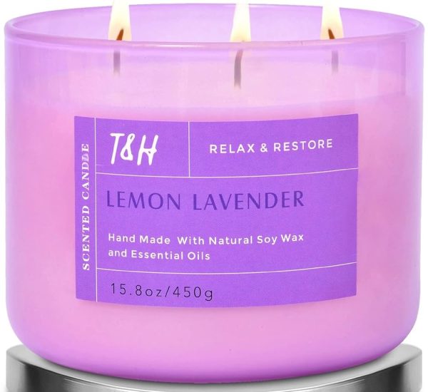 Lavender Lemon 3-Wick Candle 15.8 oz | Highly Scented Natural Soy Candle for Home | Aromatherapy Stress Relief Candle | Calming Spa Candle | Lavender Scented Candle, Relaxing...