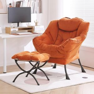 Lazy Chair with Ottoman, Modern Chair with Folding Footrest, Lounge Accent Chair, Comfortable Reading Chair, Oversized Armchairs for Bedroom, Study, Living Room, Courtyard (Orange)