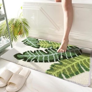 Leaves Bath Mat Green Area Rug Non-Slip Soft Absorbent Bathroom Rugs Machine Washable Bath Rug Floor Carpet Entryway Door Mat for Tub Shower Decor 17.5 X 25.5 Inches