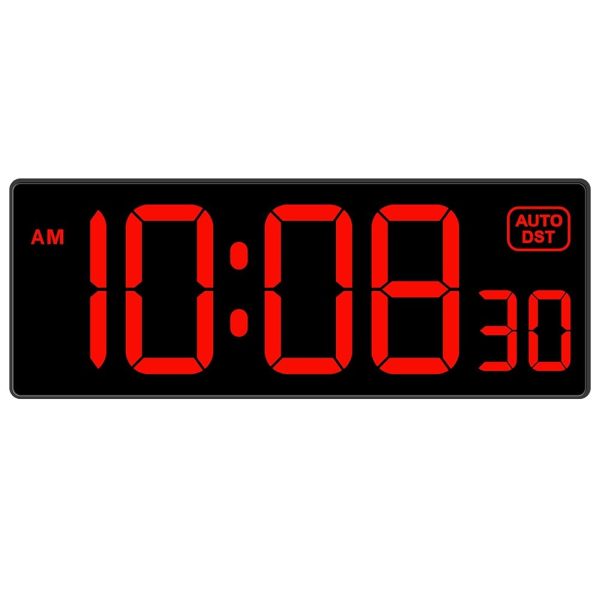 LED Digital Wall Clock with Seconds, Electric Clock Plug Auto DST Dimmer Large Display 10 Inches (Red)