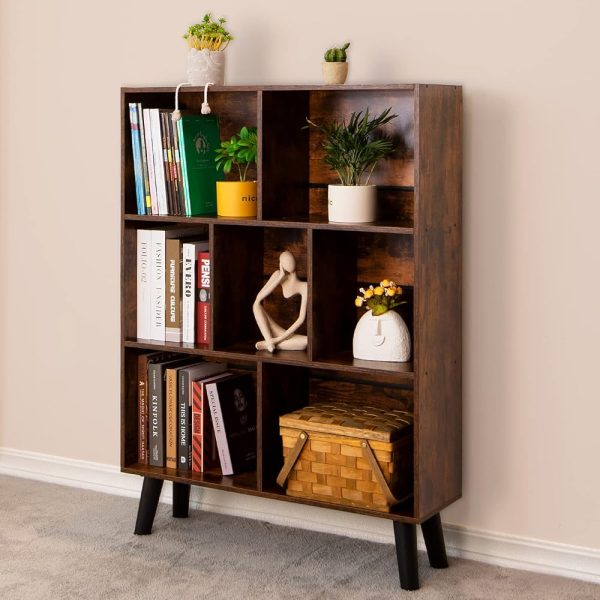 LEYAOYAO Cube Bookshelf 3 Tier Mid-Century Rustic Brown Modern Bookcase with Legs,Retro Wood Bookshelves Storage Organizer Shelf,Freestanding Open Book Shelves for...