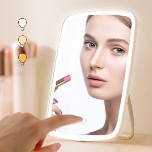 Lighted Makeup Mirror, [Silicone Anti Slip] Touch Control Vanity Mirror with 3 Lights, Portable Travel Makeup Mirror, 2400 mAh Brightness Adjustable Cosmetic Light Up Mirror,...