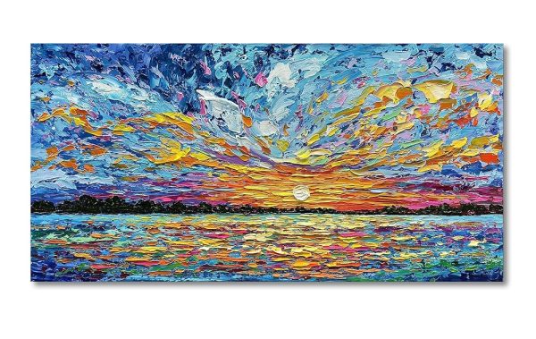 Limiyer Art Hand-painted Sea Sunrise landscape Modern Abstract Oil painting Large Canvas Art Hall Bedroom Office Wall Decoration 24x48 Inch