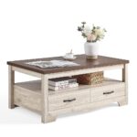 LINSY HOME Farmhouse Coffee Table with Storage, Wood Coffee Table for Living Room, Open Display Area and Storage Drawers with Metal Handles, Chic Style with Curved Base. Oak and...