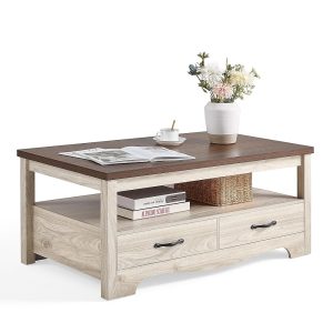 LINSY HOME Farmhouse Coffee Table with Storage, Wood Coffee Table for Living Room, Open Display Area and Storage Drawers with Metal Handles, Chic Style with Curved Base. Oak and...