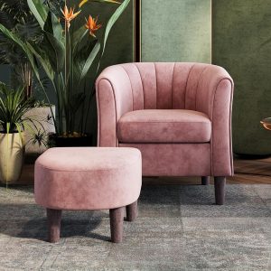 LINSY Velvet Accent Chair, Barrel Chair with Ottoman, Modern Comfy Reading Chair Armchair for Living Room Study Room Office, Pink