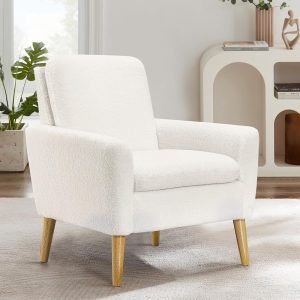 Lohoms Sherpa Accent Chair White Teddy Fabric Upholstered Comfortable Arm Chair Comfy Reading Chairs for Bedroom, Living Room Chair Small Sofa Chair with Wood Legs