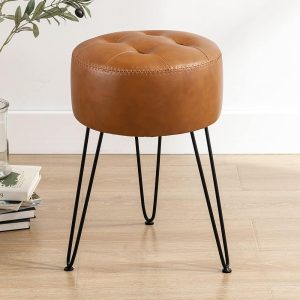 LUE BONA Faux Leather Vanity Stool Chair for Makeup Room，Brown Stool for Vanity, 19” Height, Tufted Small Vanity Chair Stool with Metal Legs, Modern Foot Stool Ottoman for...