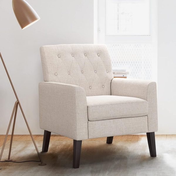 LUE BONA Linen Color Linen Accent Chair 18.5" H, Button Tufted Upholstered Modern Armchair, Comfy Living Room Chair with Arms, Arm Chairs for Living Room, Bedroom, Small Space