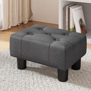 LUE BONA Small Foot Stool Ottoman, Fabric Tufted Footrest with Plastic Legs, 9''H, Rectangle Foot Stools for Adult with Non-Slip Pads, Footstool for Living Room,Couch, Carbon Grey