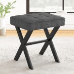 LUE BONA Vanity Stool, Square Linen Makeup Stool with Metal X Legs, Small Ottoman Stool Chair for Vanity, Modern Padded Vanity Seat Foot Rest Stool for Makeup Room, Living Room,...