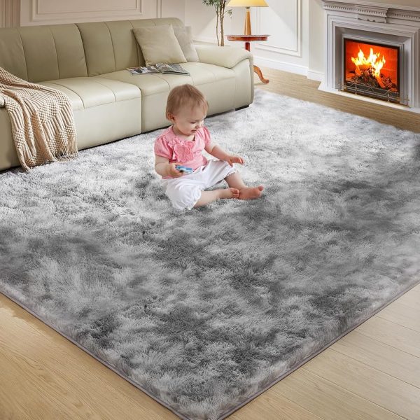 Luxury Shag Area Rug, 5X8 Indoor Ultra Soft Plush Rugs for Living Room, Carpet for Teens Dorm Nursery Home Decor Aesthetic, Upgrade Anti-Skid Durable, Tie-Dyed Light Grey