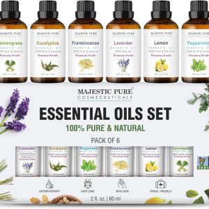 Majestic Pure 100% Pure Essential Oils Set - 6 x 10ml (Peppermint, Lavender, Eucalyptus, Tea Tree, Lemongrass) For Diffusers, Aromatherapy, Candles, Humidifiers