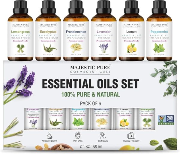 Majestic Pure 100% Pure Essential Oils Set - 6 x 10ml (Peppermint, Lavender, Eucalyptus, Tea Tree, Lemongrass) For Diffusers, Aromatherapy, Candles, Humidifiers