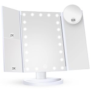 Makeup Mirror Vanity Mirror with Lights, 2X 3X 10X Magnification, Lighted Makeup Mirror, Touch Control, Trifold Makeup Mirror, Dual Power Supply, Portable LED Makeup Mirror,...