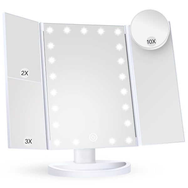 Makeup Mirror Vanity Mirror with Lights, 2X 3X 10X Magnification, Lighted Makeup Mirror, Touch Control, Trifold Makeup Mirror, Dual Power Supply, Portable LED Makeup Mirror,...