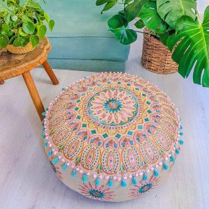 Mandala Life ART Moroccan Large Floor Pillow Cover with Tassels and Ponpon Bedroom Décor Round Pouf Ottoman Boho Chic Seating Area Beanbag Footstool stool Cotton 24x8 Unstuffed