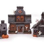 Mark Feldstein & Associates Spooky Halloween Color Changing Pre-Lit LED Haunted House Village Set, 8 Inch, Set of 3