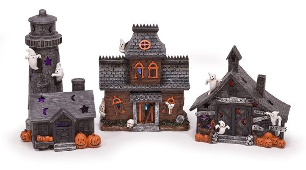 Mark Feldstein & Associates Spooky Halloween Color Changing Pre-Lit LED Haunted House Village Set, 8 Inch, Set of 3