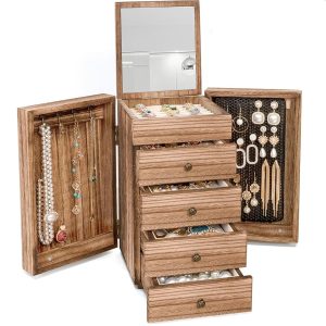 Meangood Jewelry Box Wood for Women, 5-Layer Large Organizer Box with Mirror & 4 Drawers for Rings, Earrings, Necklaces, Vintage Style Torched Wood