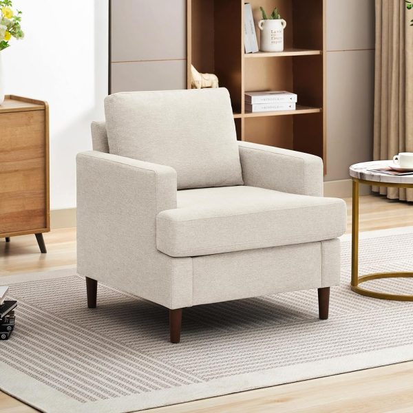 Mid-Century Accent Chair,Modern Linen Fabric Armchair for Living Room,Comfy Upholstered Reading Accent Chairs for Bedroom,Single Sofa Chair with Wood Legs (Beige, 1 Pack)