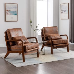 Mid Century Modern Accent Chair Set of 2 Living Room- Comfy Solid Wood Arm Chair with Lumber Pillow Lounge Decorative Brown Leather Office Side Chair Bedroom Reading Nook Sillas...