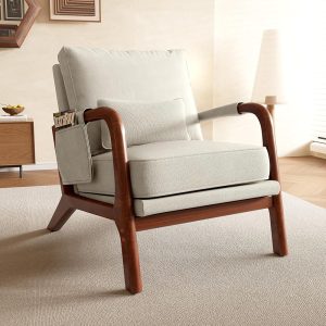 Mid Century Modern Chair, Upholstered Lounge Arm Chair with Solid Wood Frame, Comfy Accent Chair for Living Room, Bedroom, Reading, Reception, Beige