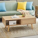 Mid Century Modern Coffee Table with Storage, 41.3 Inch Rectangle Wooden Accent Center Tables with Sliding PE Rattan Woven Door Panel and Solid Wood Legs, Suitable for Living...