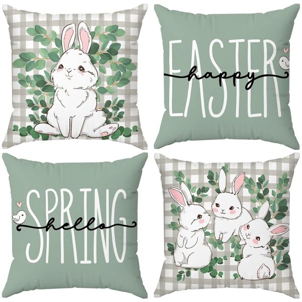 Minetom Set of 4 Easter Pillow Covers 18x18 - Happy Easter Plaid Rabbit Design with Eucalyptus Leaves and Hello Spring - Ideal Cushion Case Decoration for Sofa Couch