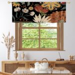 MitoVilla Black Boho Kitchen Curtains Valances, Bohemian Flower Pattern Semi Sheer Kitchen Valances for Living Room, Rod Pocket Short Window Treatment Decor, 52x18