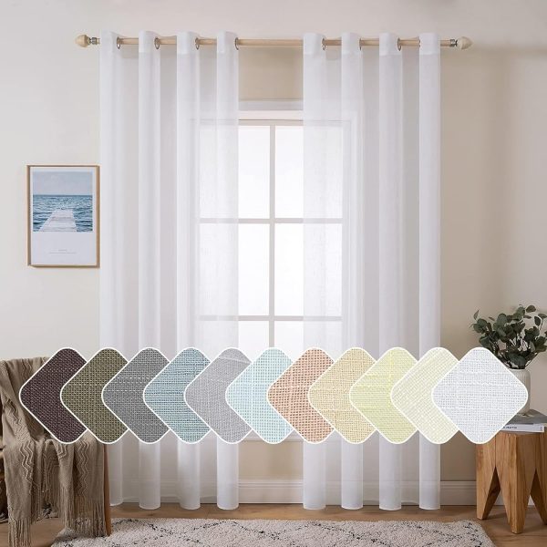 MIULEE 2 Panels Natural Linen Sheer Window Curtains Elegant Solid White Drapes Grommet Top Window Voile Panels Linen Textured Panels for Bedroom Living Room (52X90 Inch)