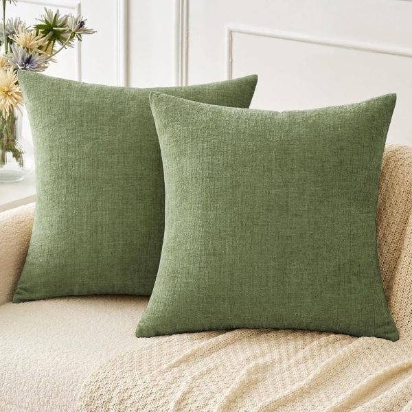 MIULEE Pack of 2 Couch Throw Pillow Covers 18x18 Inch Soft Sage Green Chenille Pillow Covers for Sofa Living Room Solid Dyed Pillow Cases