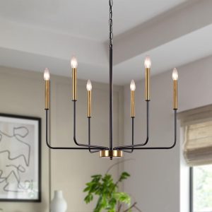 Modern Farmhouse Chandelier for Dining Room, 6 Lights Chandelier Light Fixture Adjustable Height, Black and Gold Hanging Candle Pendant Lighting for Kitchen Island Living Room...