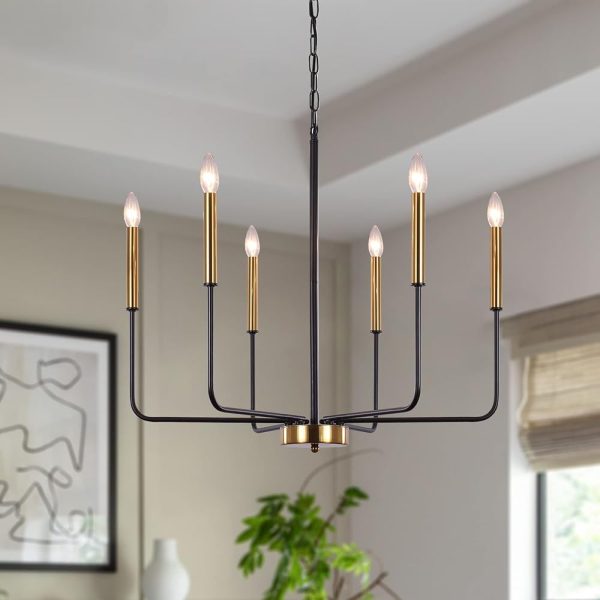 Modern Farmhouse Chandelier for Dining Room, 6 Lights Chandelier Light Fixture Adjustable Height, Black and Gold Hanging Candle Pendant Lighting for Kitchen Island Living Room...