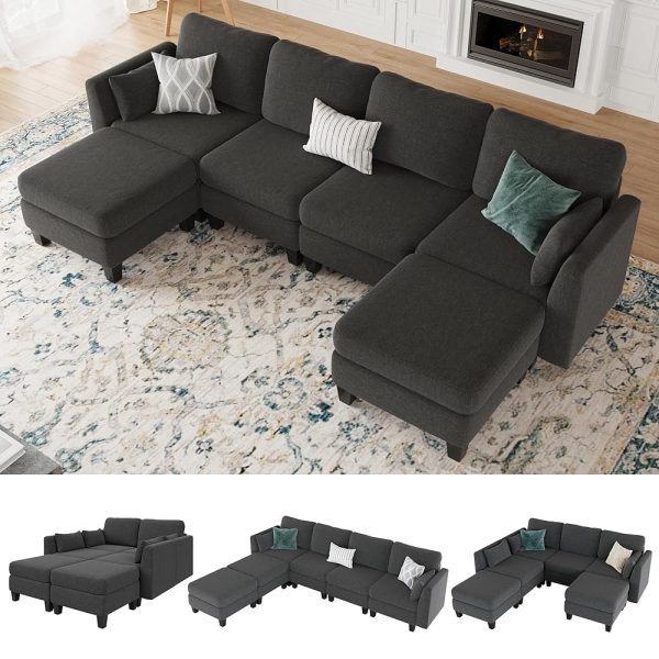 Modular Sectional Sofa, Convertible U Shaped Sofa Couch with High Density Memory Foam, 6 Seat Comfy Modular Sofa Couch for Living Room, Modern U Shaped Sectional Sofa, Dark Grey