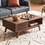 mopio Ensley Coffee Table, Mid Century Modern Table with Storage, Farmhouse Wood Coffee Table for Living Room Fluted (Walnut)