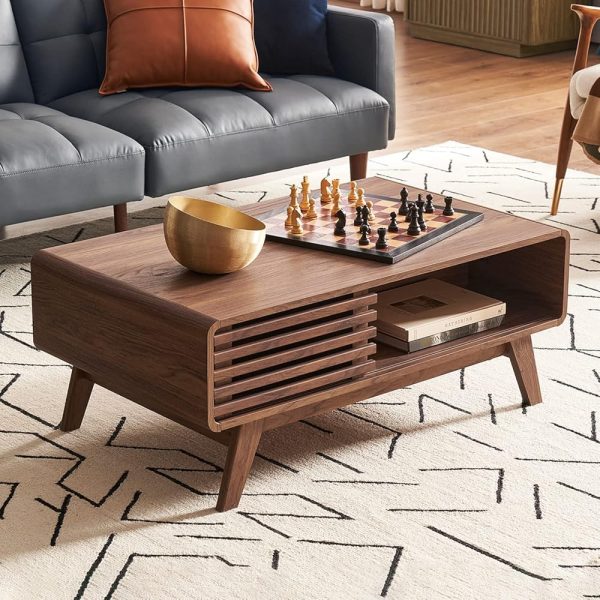 mopio Ensley Coffee Table, Mid Century Modern Table with Storage, Farmhouse Wood Coffee Table for Living Room Fluted (Walnut)