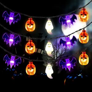 Mosoan Halloween String Lights Battery Operated 20 Feet 30 LED 3D Pumpkin Bat Ghost Lights with Timer - 8 Light Modes Halloween Decorations Lights Indoor Outdoor Cute Halloween...