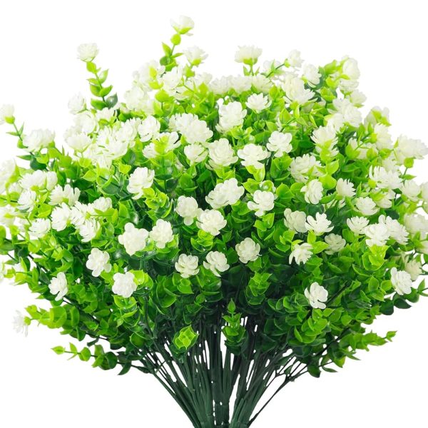 Moulyan Artificial Flowers for Outdoors UV Resistant Fake Flowers Faux Plants for Hanging Garden Porch Window Box Outside Decoration,Home Indoor Decor (Green&White, 6 Bundles)