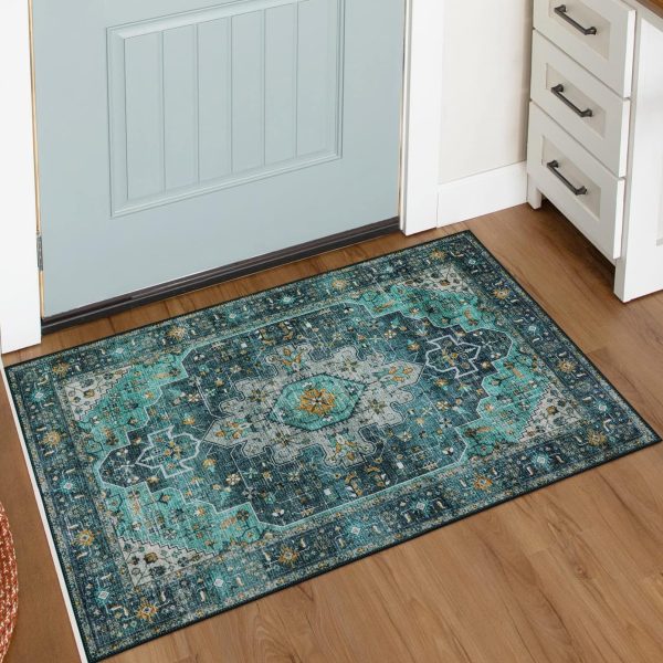 Moynesa Ultra-Thin Washable Area Rug - 2x3 Teal Small Washable Entryway Rug Bath Mat, Boho Non-Slip Stain Resistance Low Pile Indoor Accent Carpet for Home Laundry Room Hall...