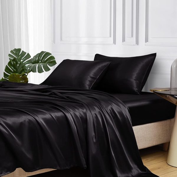 MR&HM Satin Bed Sheets, Queen Size Sheets Set, 4 Pcs Silky Bedding Set with 15 Inches Deep Pocket for Mattress (Queen, Black)