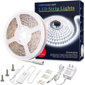 MY BEAUTY LIGHT White LED Strip Lights,16.4ft Dimmable LED Light Strip,12v Flexible LED Rope Lights Kits for Kitchen Cabinet Mirror Bedroom Party Decor